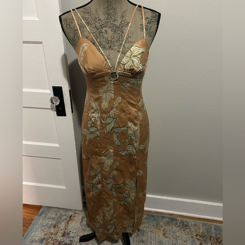 Urban Outfitters Peach Floral Strappy Corset Back Long Slitted Dress